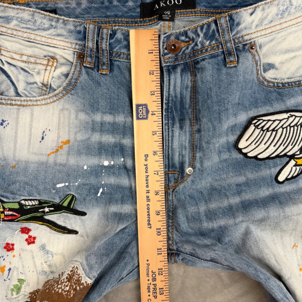 AKOO Mens Distressed Patchwork Jeans Light Wash Paint Splatter Denim Size 38 - Picture 13 of 16
